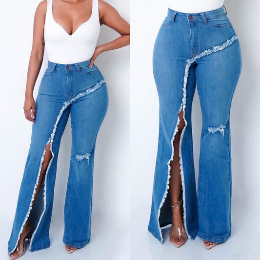Elastic Ripped Flared Jeans