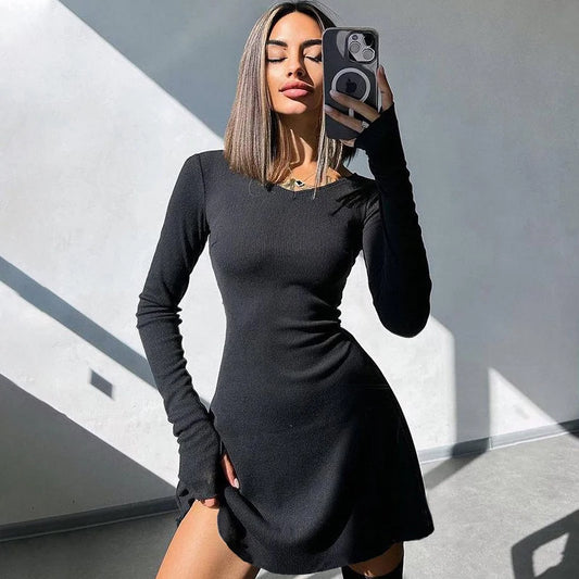 Long Sleeve Black V-Neck Mini Dress  